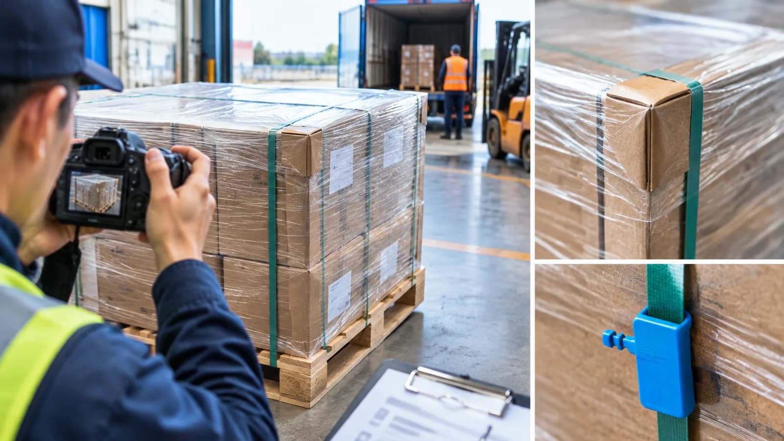 A camera documenting pallet condition and a sealed freight handoff beside wrapped cartons.