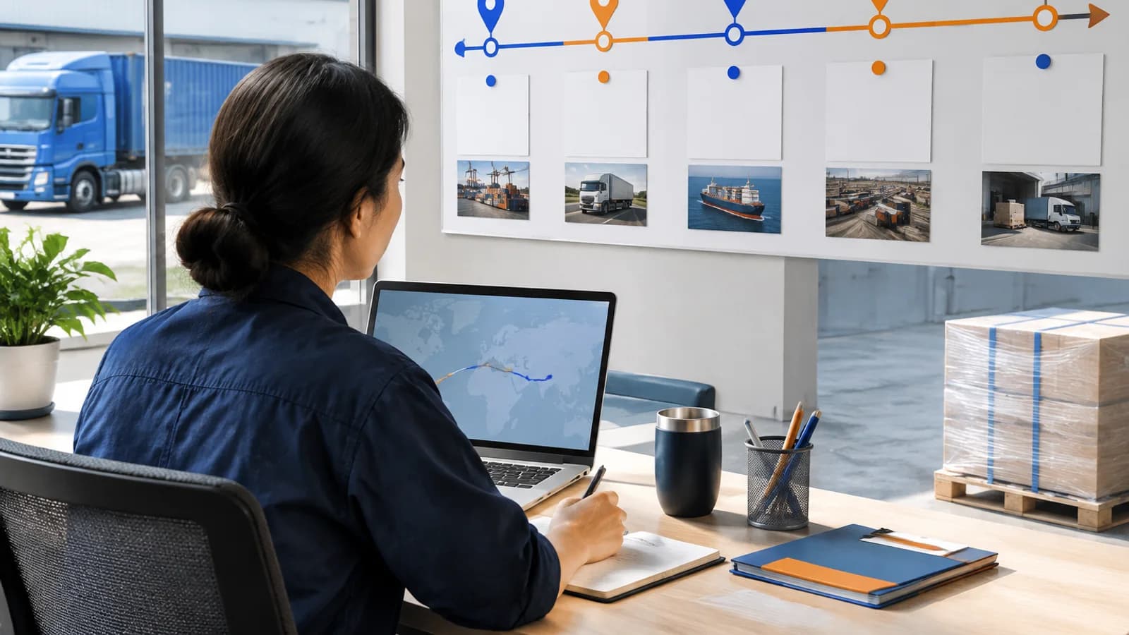 Operations coordinator reviewing a freight milestone timeline beside a sealed pallet and cargo truck.