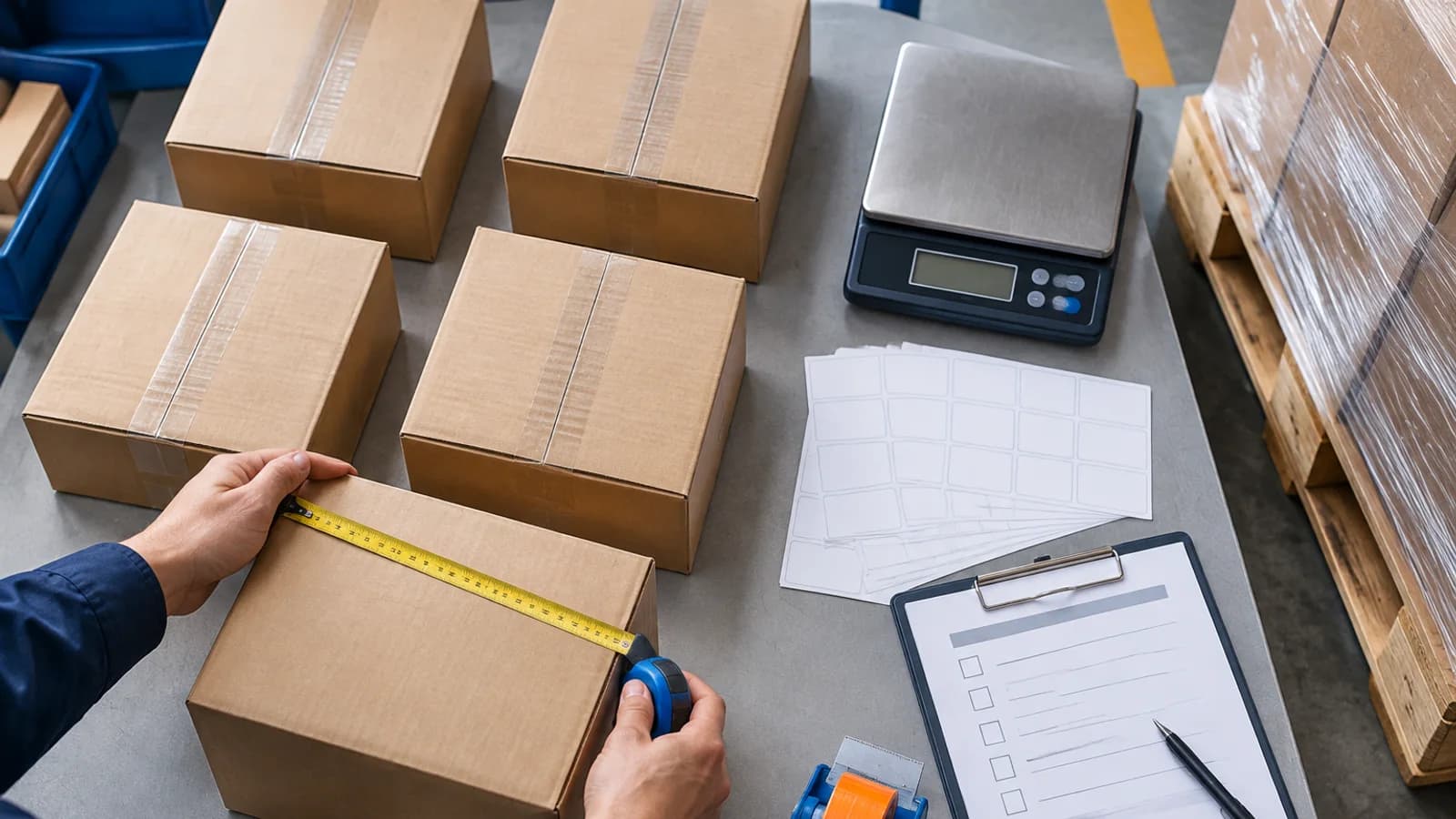 Hand checking the dimensions of export cartons beside a scale and blank label sheets.