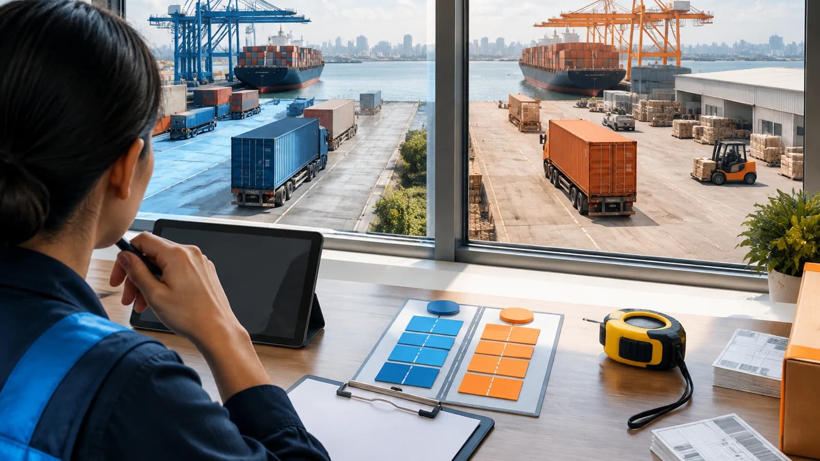 Logistics coordinator comparing two container gateway plans beside staged export cargo