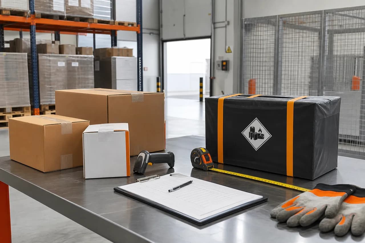 Operations coordinators planning seasonal shipment milestones beside measured cartons and a wrapped pallet.