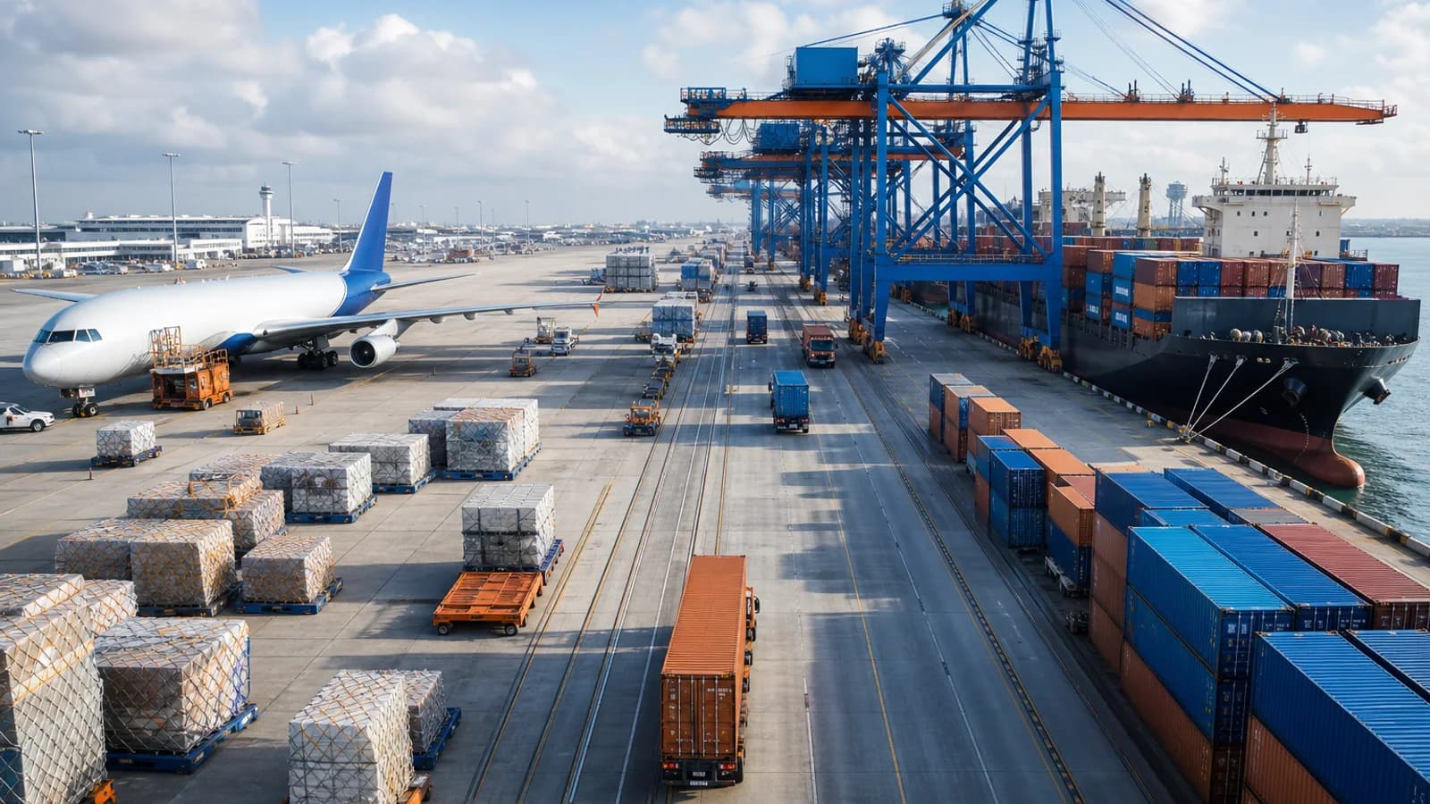 Air cargo pallets and an ocean container staged for a China-to-North-America freight comparison.