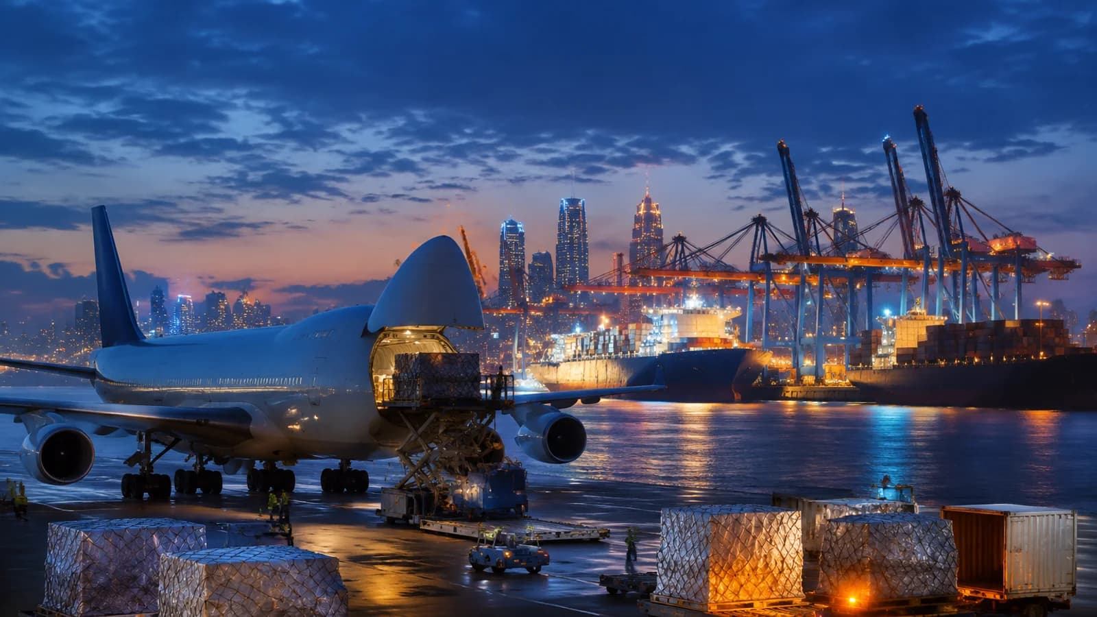 Air cargo and ocean containers staged for a China-to-Gulf freight comparison.