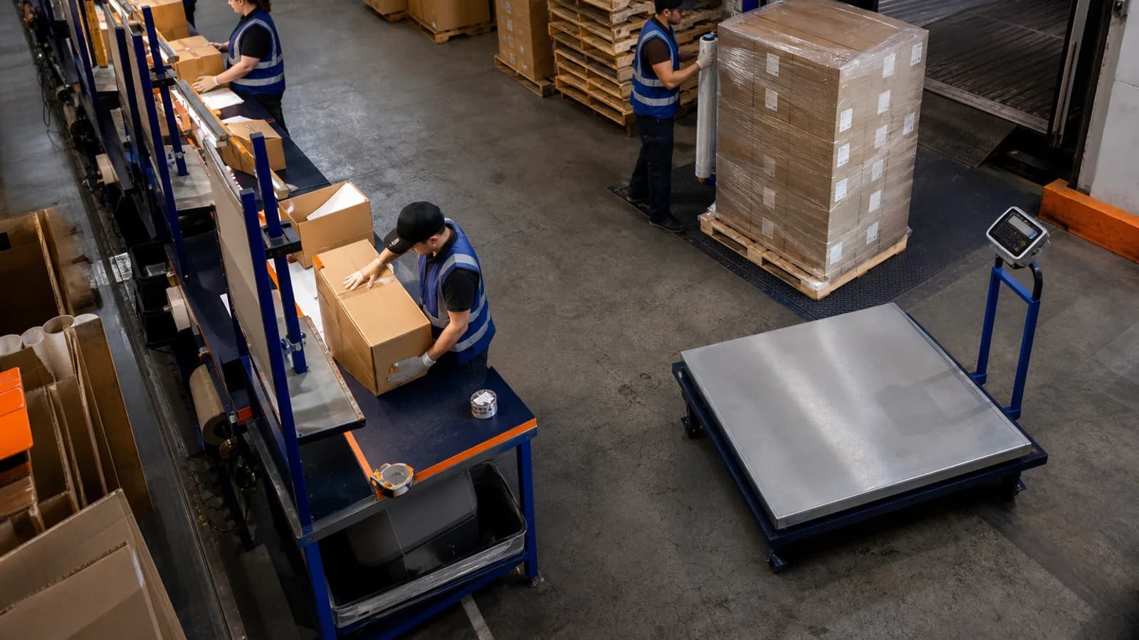 Labeled cartons and wrapped pallets prepared for North American Amazon FBA delivery.