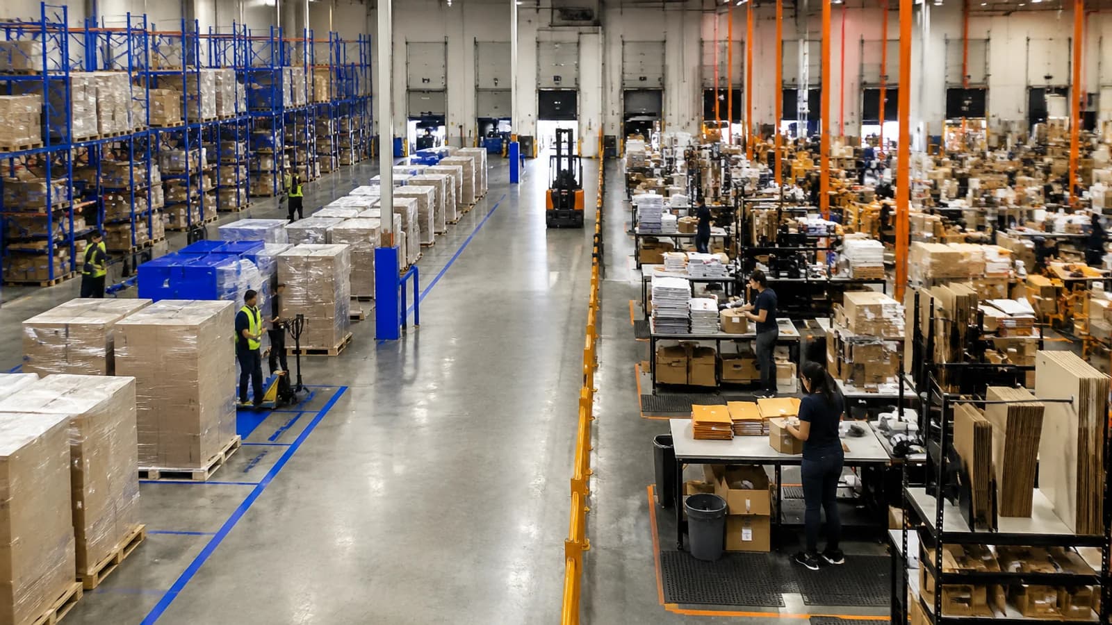 Amazon FBA inbound pallets and direct-to-consumer order picking shown as two fulfillment workflows.