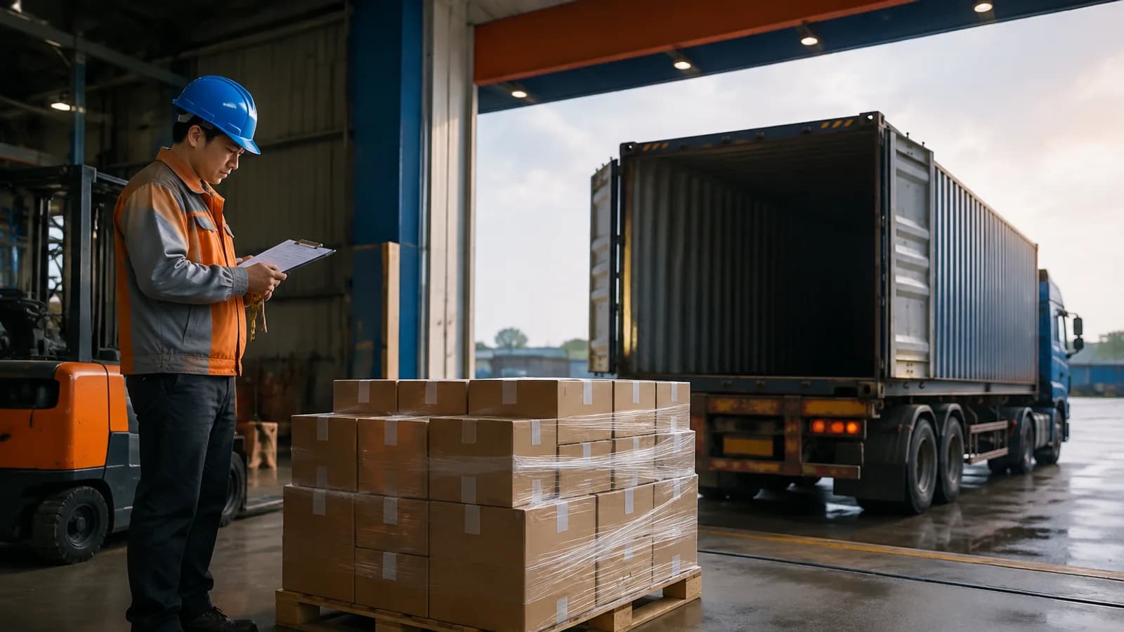 Finished export pallet staged beside a pickup lane while a coordinator checks release details in a China warehouse.