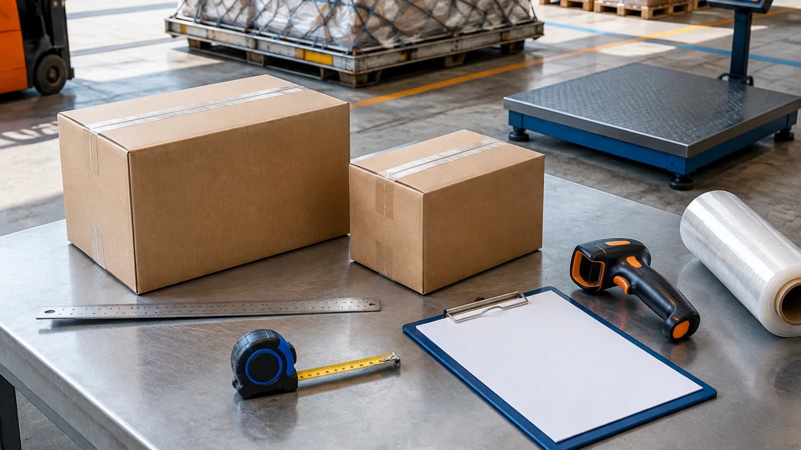 Finished export cartons beside a ruler, tape measure, pallet scale, and blank shipment checklist.