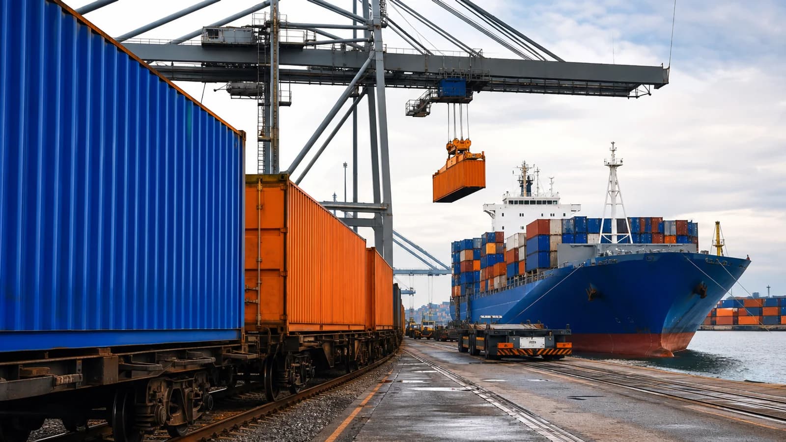 A freight train and container vessel representing rail and ocean routes from China to Europe.