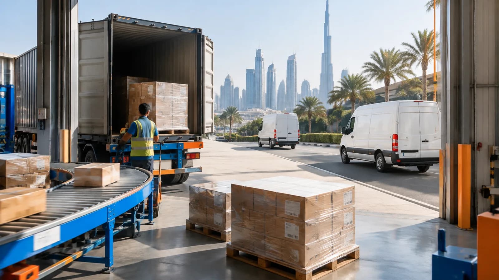 E-commerce cartons and container freight prepared for delivery from China to the UAE.