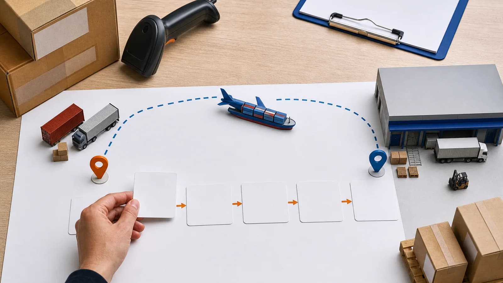 Hand moving a blank shipment milestone card beside a scanner and neutral cartons on a logistics planning desk.