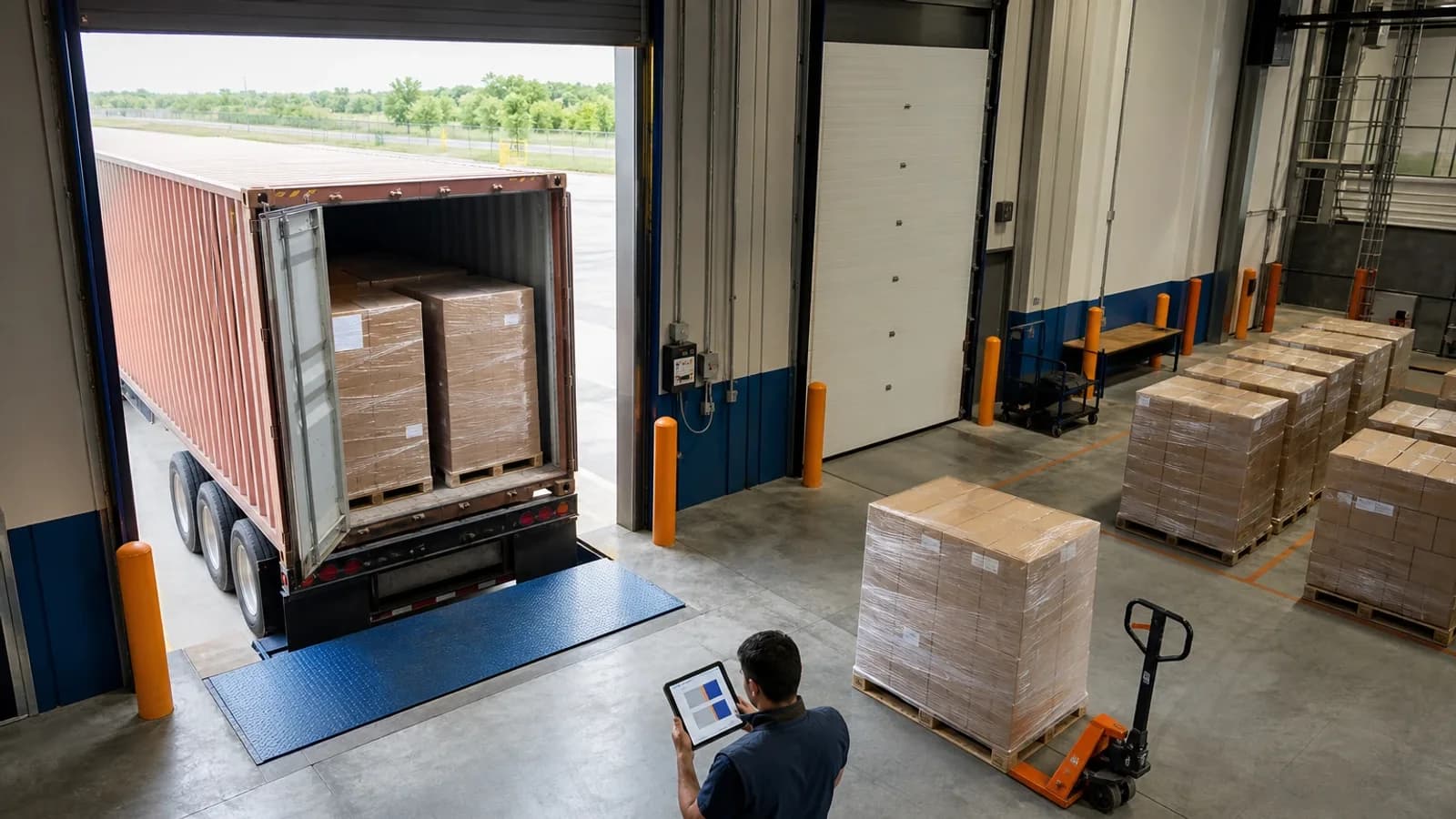 Warehouse coordinator checking staged pallets beside a container trailer at a receiving dock.