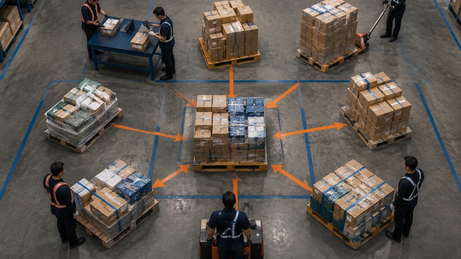 Pallets from multiple suppliers being checked and combined in a China consolidation warehouse.