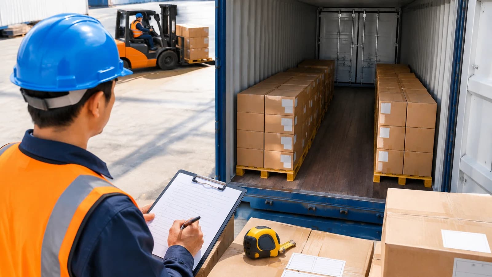 Loading supervisor checking organized export cartons at the open end of a container.
