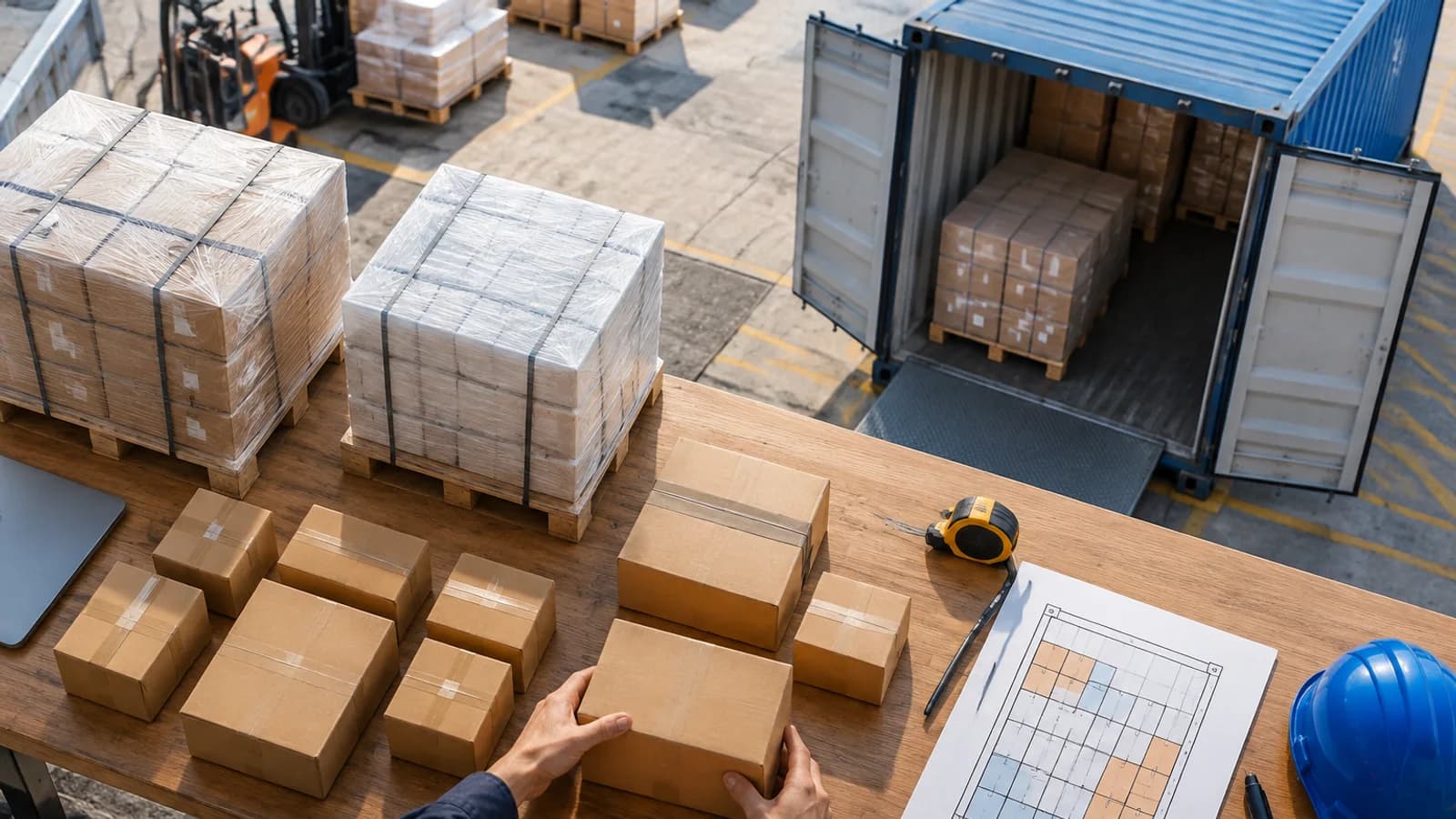 Operations coordinator comparing measured cartons and pallet groups beside an open export container.