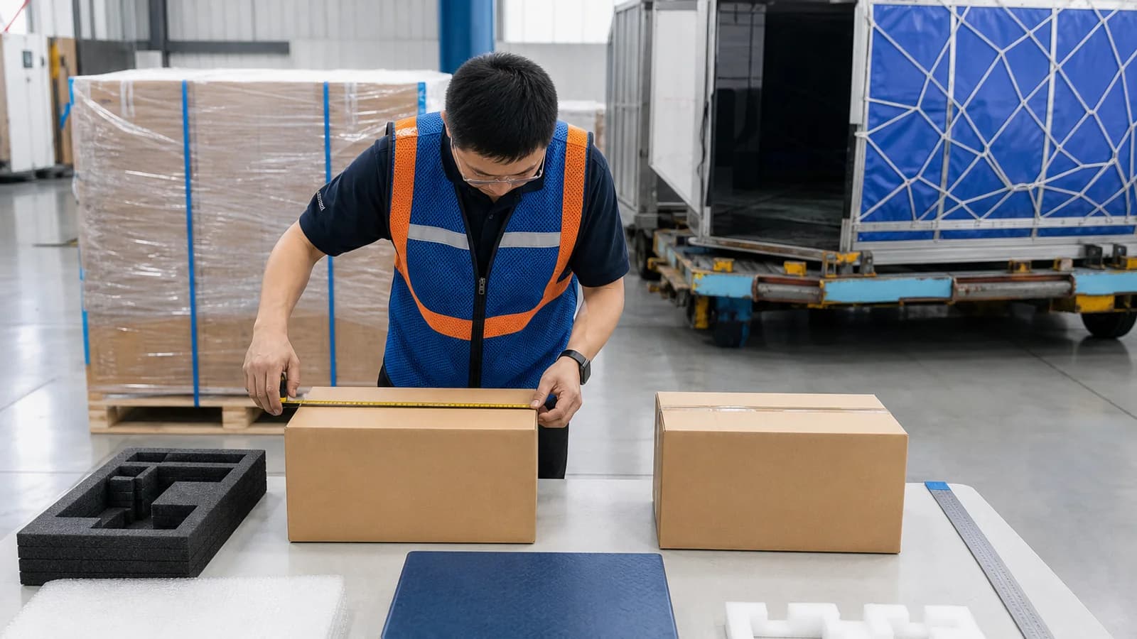 Coordinator measuring sealed export cartons beside a pallet scale and wrapped pallet in a China warehouse.
