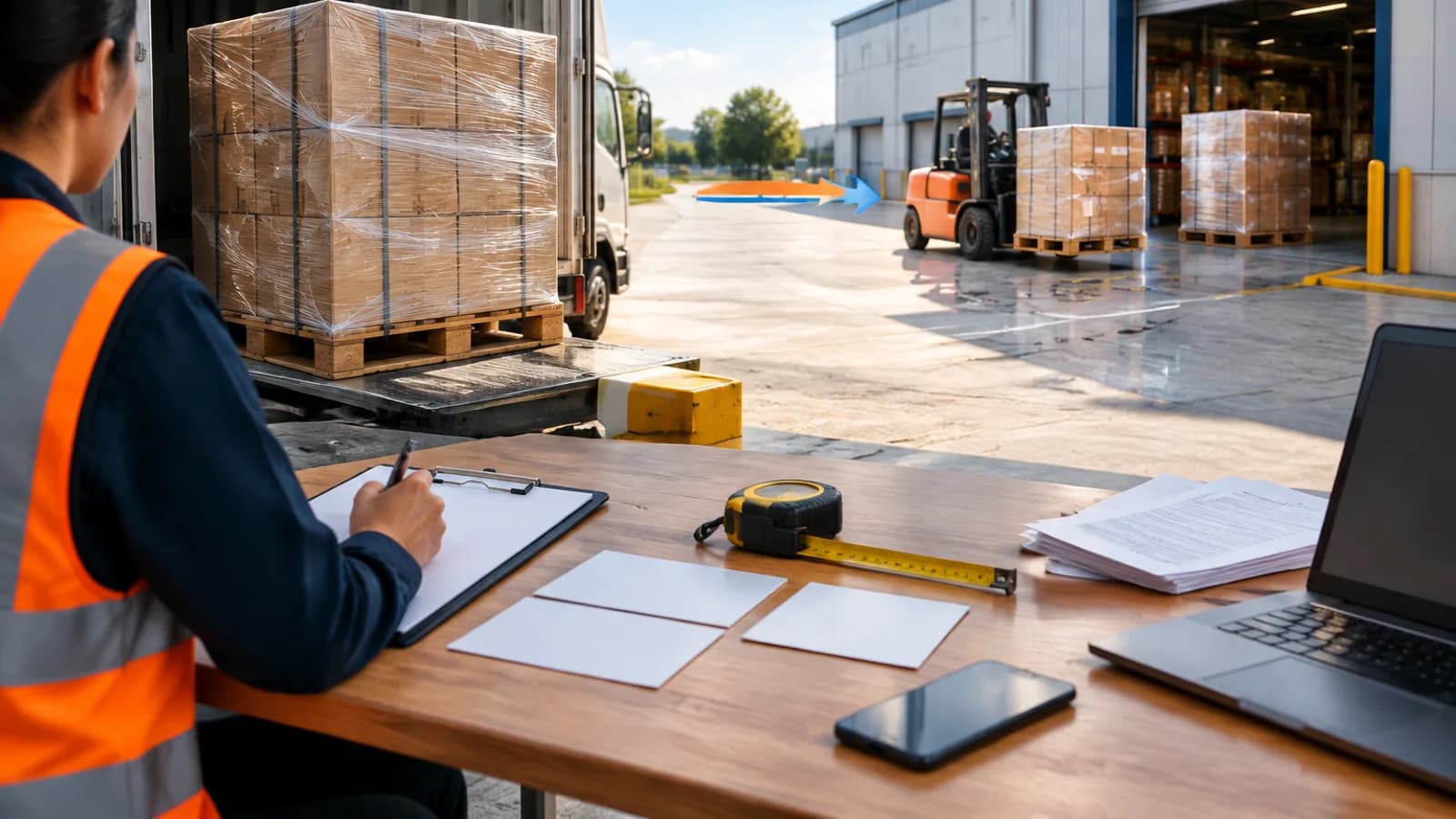 Coordinator comparing pickup and receiving handoffs beside staged export pallets and a warehouse dock.