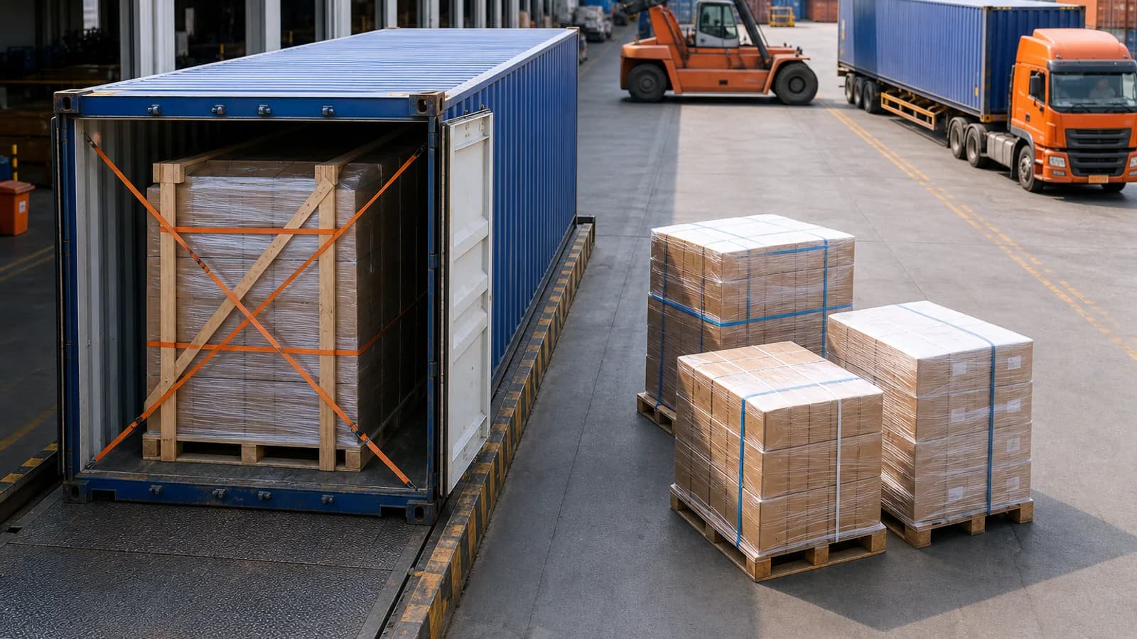 A sealed ocean container and a separate group of consolidated pallets staged for comparison in an export loading area.