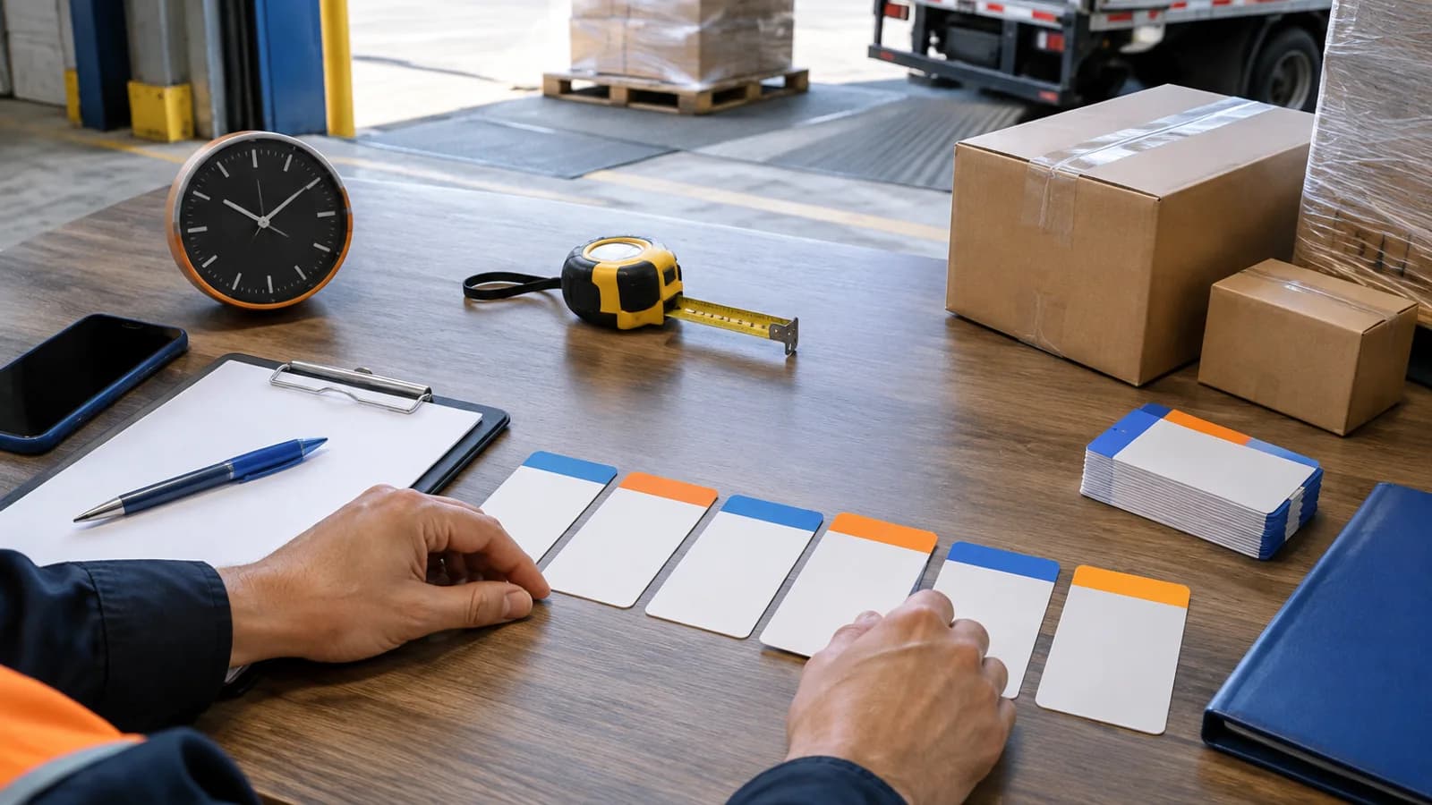 Freight coordinator aligning blank cutoff cards beside staged export cartons and a warehouse loading dock.