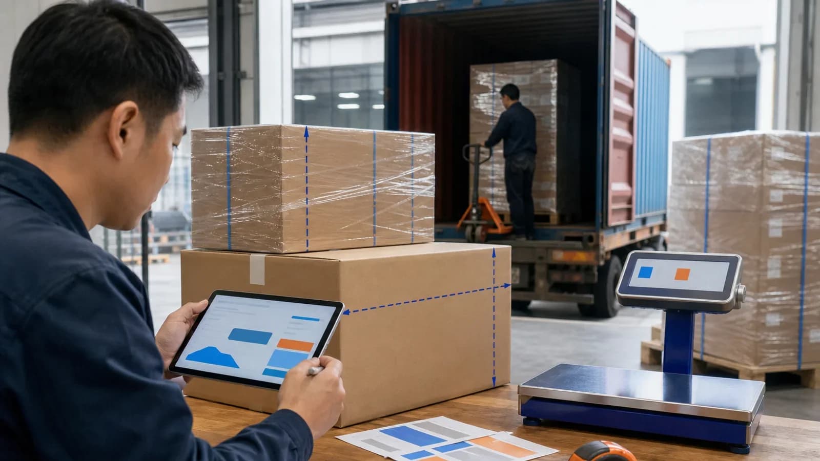 Top-down freight operations desk with a quote comparison sheet, calculator, tape measure, and shipment folder.