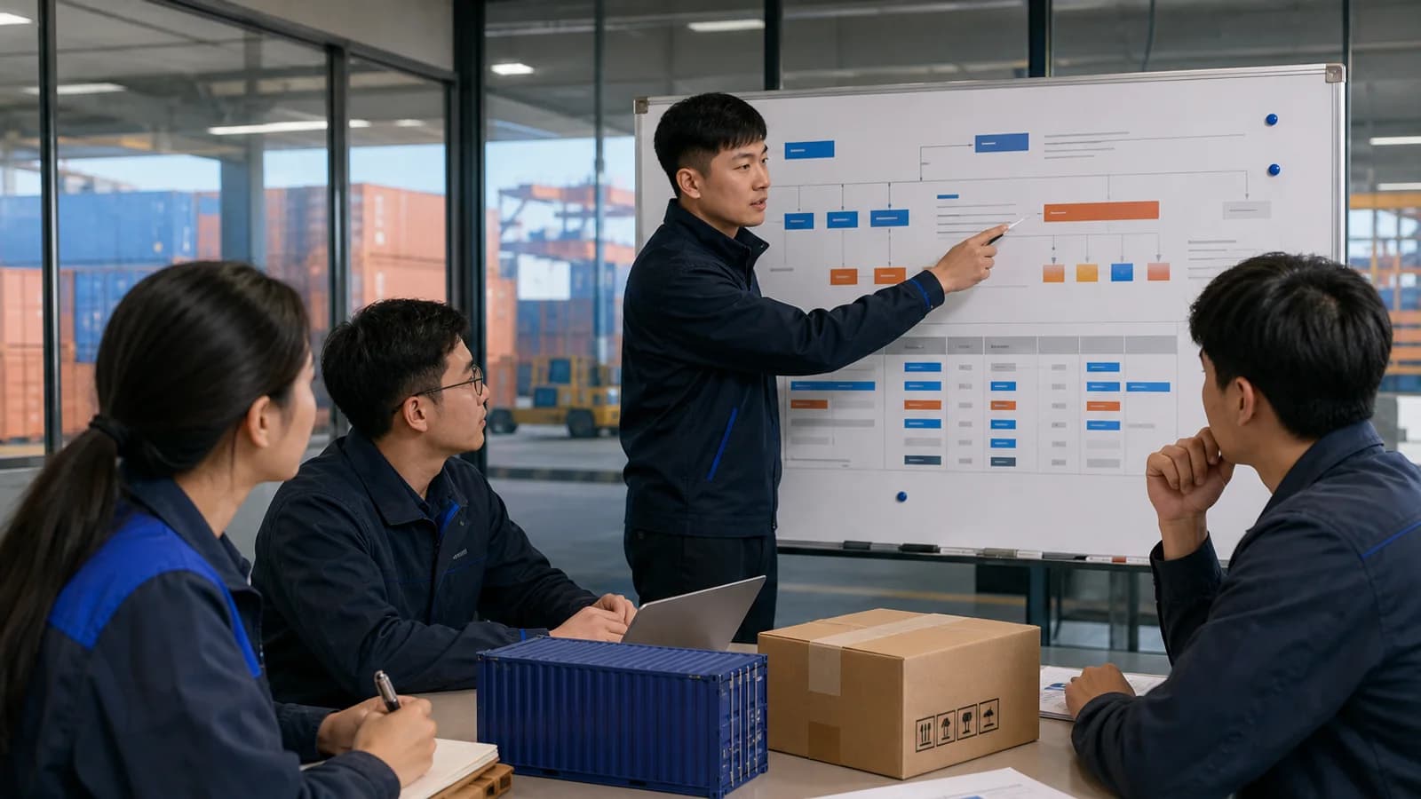 A freight operations team comparing routes, shipment details, and service scopes in a China warehouse office.