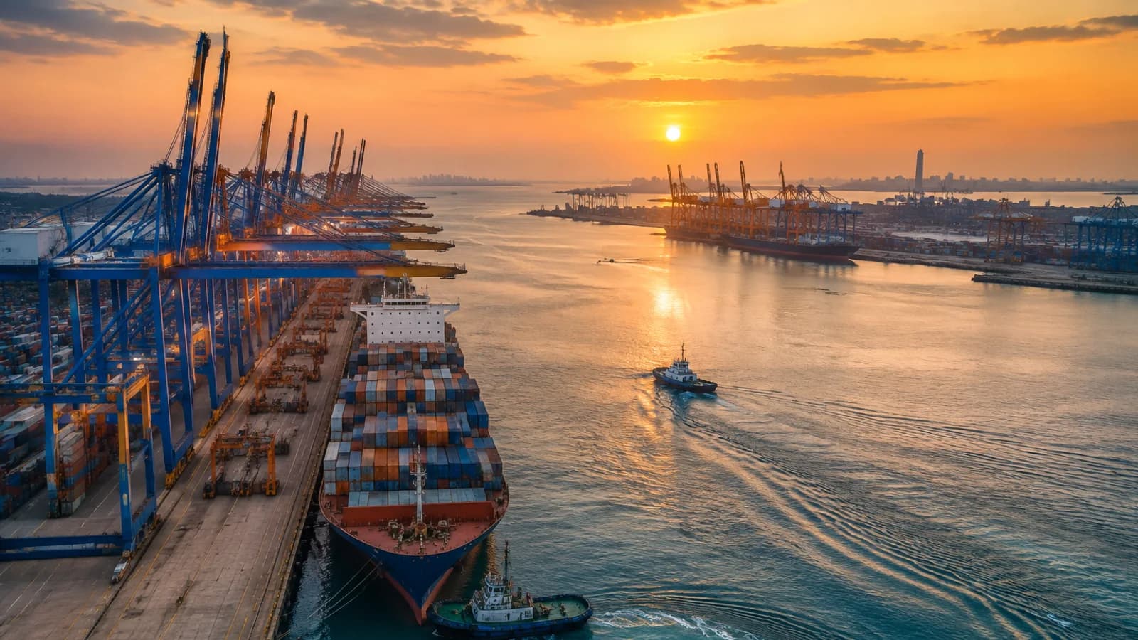Container vessel, stacked containers, and quay cranes at a Gulf port