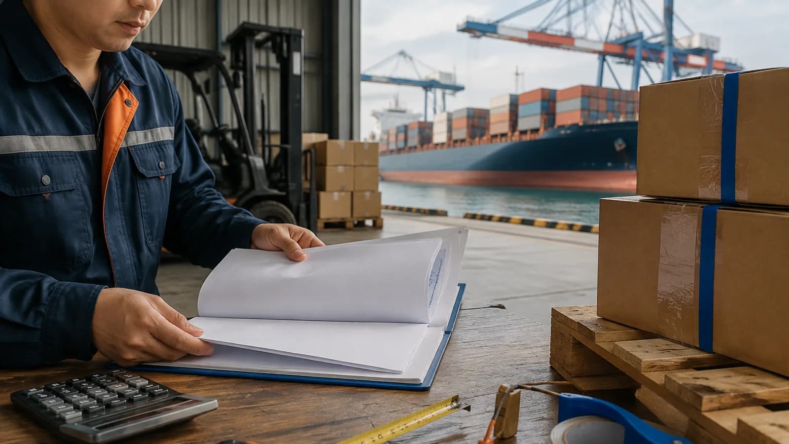 Shipment coordinator reviews a document packet beside sealed ocean-freight cartons in a China warehouse.