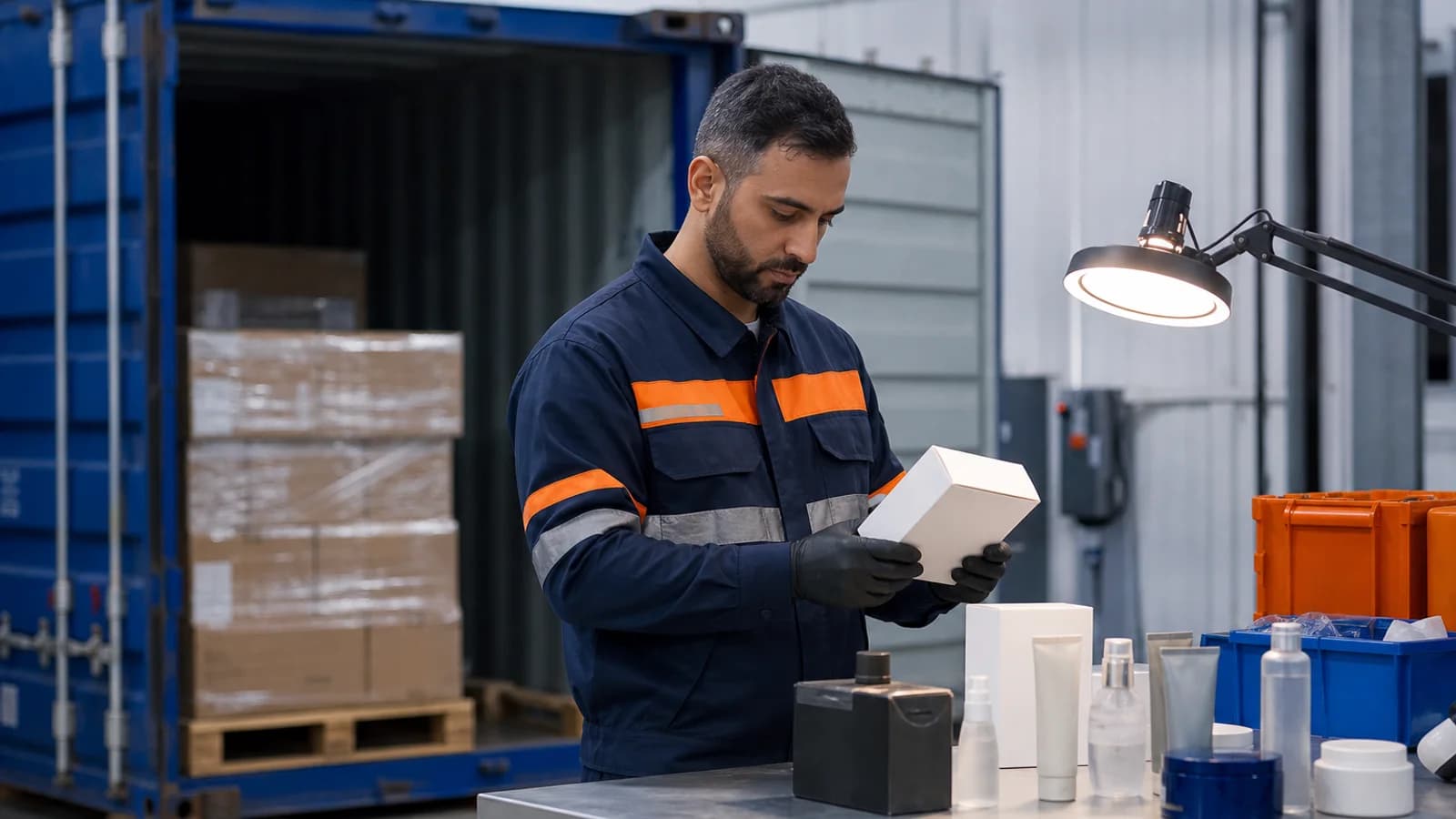 A Saudi-bound cargo inspection and shipment document review in a logistics facility.