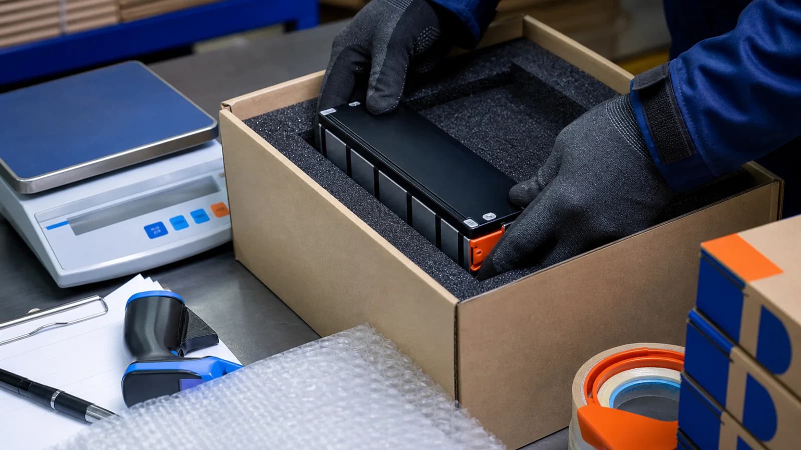 A trained cargo specialist inspecting compliant packaging for lithium battery shipments.