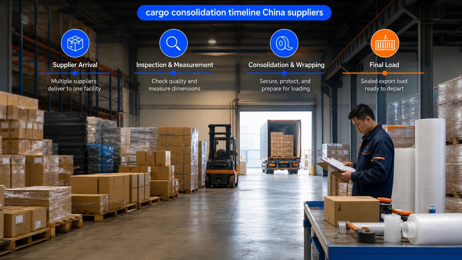 A coordinator reviews staged cartons from multiple suppliers in a China consolidation warehouse.