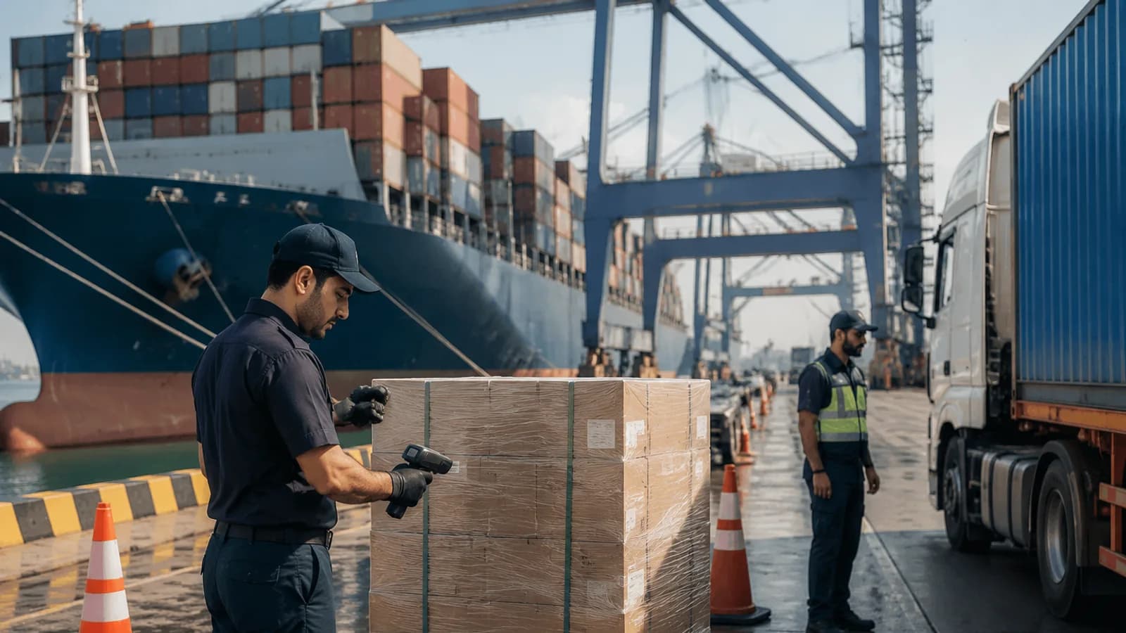Container cargo at a Gulf port prepared for customs release and final delivery in the UAE.