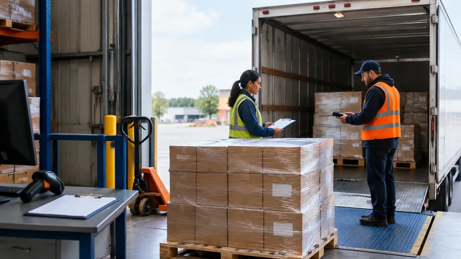 Warehouse workers checking wrapped pallets and a delivery handoff at an international freight receiving dock.